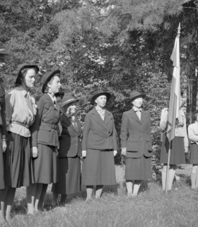 Therese Ernst (centre), girl scouts scoutmaster. ca. 1950
