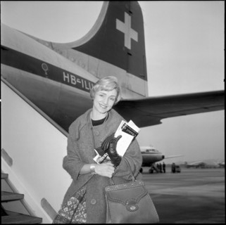 Heidi Abel at Zurich-Kloten airport before boarding to Madrid, 1958