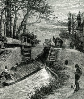 This illustration is titled On the Canal at Berkhampstead. The Grand Union Canal cuts through the