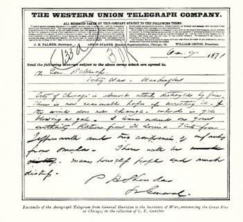 The 1896 caption reads: 'Facsimile of the Autograph Telegram from General Sheridan to Secretary of