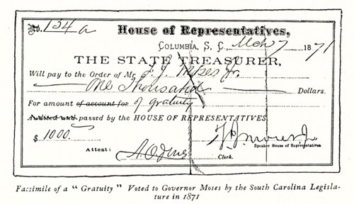 The 1896 caption reads: Facsimile of a 'gratuity' voted to Governor Moses by South Carolina