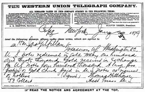 Telegram of Resumption at New York Sub-Treasury