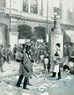 The 1896 caption reads: 'Fisk and Gould's Grand Opera House in a State of Siege drawn by B West