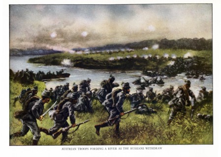 This illustration shows Austrian troops fording a river as the Russian withdraw - all in the early