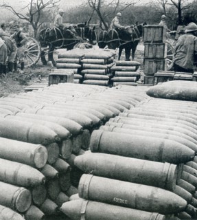 This photo, taken during World War I, hsows shells for Verdun in France. The captions says: Big