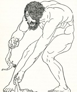 This 1918 image illustrates the Cyclops named Polyphemus preparuing to eat two of Odysseus’s men.