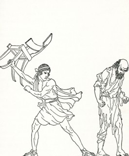 This image shows the return of Odysseus. According to the Greek legend as told by Homer in the