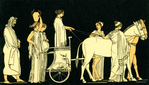 In this 1880s illustration, the Greek hero Odysseus is shown following the car of Nausicaa.