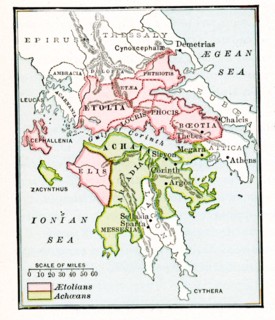 This map shows The Aetolian and Achaean Leagues about 229 BC. The legend reads: Pink: Aetolians;