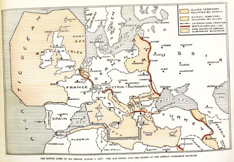 Battle lines on all fronts August 1, 1917. The map shows also the extent of the German submarine