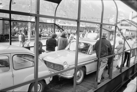 Car loading in Erstfeld, Gotthard route; 1967.