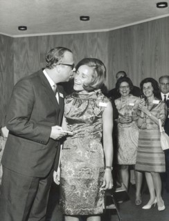Hans Gmur kissing the ""Ideal Swiss Woman 1967"" Milena von Below.