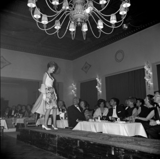 fashion show in the Palace hotel, St. Moritz, model on catwalk, 1962.