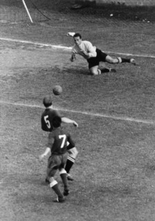 International match Switzerland - Portugal, Geneva, 1959: Schmidhauser, Caveau, Elsener.