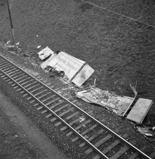 Fall of a german truck upon railway track because of speeding, 1957.