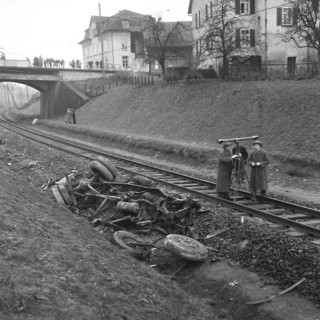 Fall of a german truck upon railway track because of speeding, 1957.
