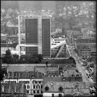 Congress Center and high-rise building with suspended roof, Biel 1964.