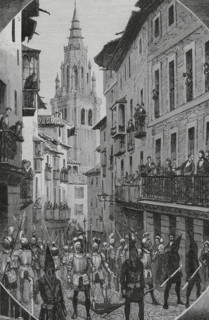History of Spain. 19th century. Easter Week in Toledo. Good Friday procession. Drawing by Nao.
