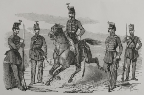 Hungarian Cavalry and Infantry in 1849. Engraving by Janet Lange. ""Los Heroes y las Grandezas de
