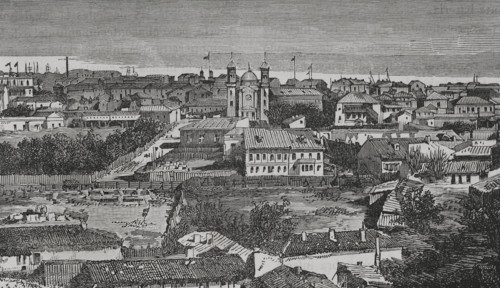 Galati, Romania. Panoramic view of the city on the shores of the Danube river. Engraving. ""La