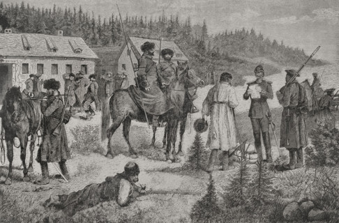 Russo-Turkish War (1877-1878). Russian troop post. Engraving. ""La Guerra de Oriente"" (The