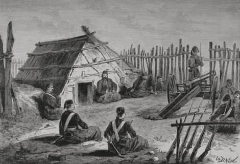 Russo-Turkish War (1877-1878). Turkish troop post on the Danube shores. Engraving by Charles Baude.