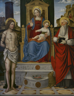 The Virgin and Child enthroned between Sts. Sebastian and Jerome. Painting by a Lombard artist. Oil