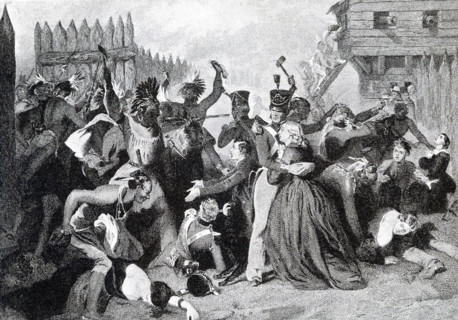 This illustration shows the massacre at Fort Mims (also spelled Mimms) that took place on August