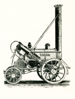 The rocket locomotive built by Robert Stephenson. The 'Rocket,' shown here in this 1901 engraving,