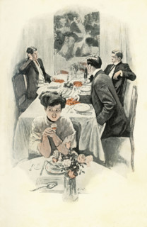 English men and woman sit at table in a restaurant area in the 1890s, the Victorian period. The