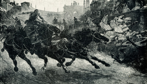 This image shows a chariot race in the Circus Maximus by Ulpiano Fernández-Checa y Sanz (1860