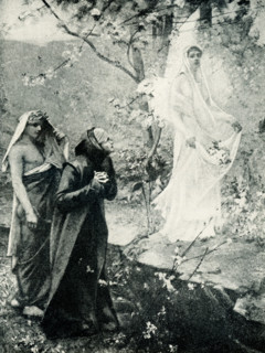 This image shows Dante meeting Matilda, by the painter A Maignan. At the end of Purgatorio, Dante