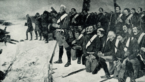 Victoriuous Prussian Grenadiers singing a Te Deum after Battle of Leuthen by A Kampf. The Battle of