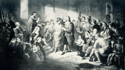 This 1899 illustration shows the marriage of Pocahontas to John Smith. English Captain John Smith