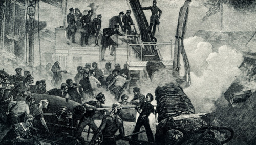 The 1899 caption reads: “Farragut forces the entrance of Mobile Bay painting by W H Overend.” The