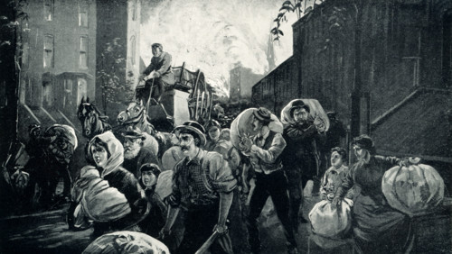 This 1899 illustration shows: “Burning of Chicago - Greatest Fire in History.” The Great Chicago