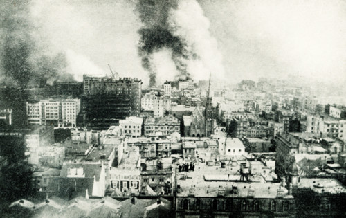 This 1899 illustration shows: “Destruction of San Francisco.” On the morning of April 18, 1906, a