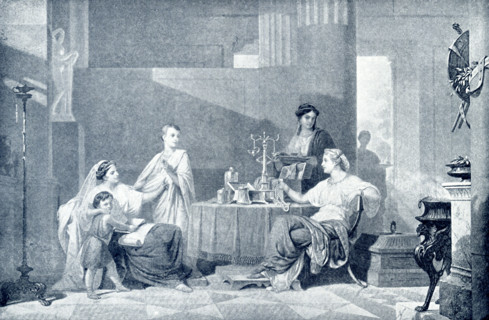 This painting by L. Schopin shows Cornelia and her jewels (her sons). Cornelia was the daughter of