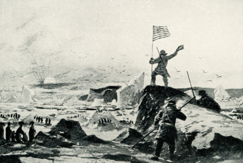 This 1899 image shows Captain Wilkes discovering the Antarctic continent.  From 1838 to 1842,