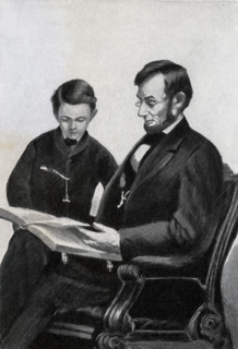 The caption for this image reads: 'Lincoln and his son Thomas known as Tad - fron photograph by