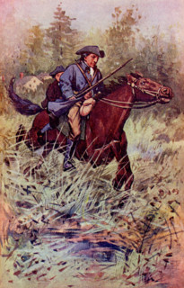 The caption for this illustration reads: And Horse Shoe Robinson put his horse to a gallop. It is