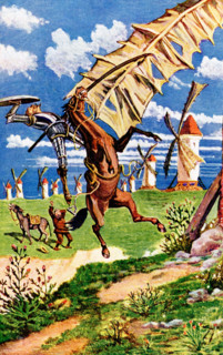 This illustration shows Don Quixote’s Adventures with Windmills. Don Quixote is a middle-aged