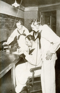 This photo that dates to the time of World War I shows a wireless telegraph station on a U.S.