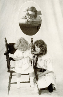 This 1917 image shows photos of  young child writing (top inset), sewing, with an older girl