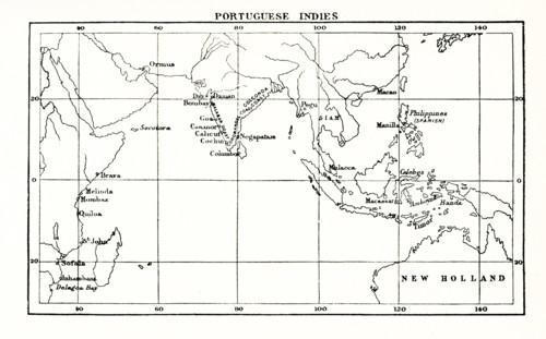 This map shows the Portuguese exploits in the Indies - the waters and lands around India during the