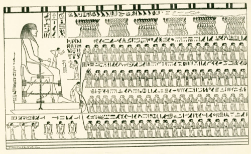 The colossal statue of Prince Thothotpu being dragged by the corvee. Drawing by Faucher-Gaudin,