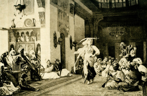 The caption on the 1904 image reads: The Sword Dance after a painting by Gerome. Jean-Léon Gérôme