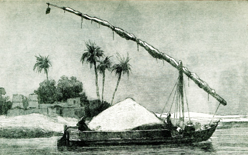 This 1903 illustration shows a typical Nile boat trasnporting a load of grain on the Nile River.