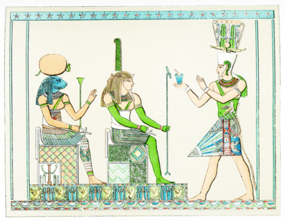 The caption on this 1903 image reads: “Colored reliefs carved in Great temple at Philae.” It