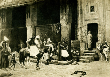 This 1903 image shows a street scene in Cairo, based on a painting by Gerome. Jean-Léon Gérôme